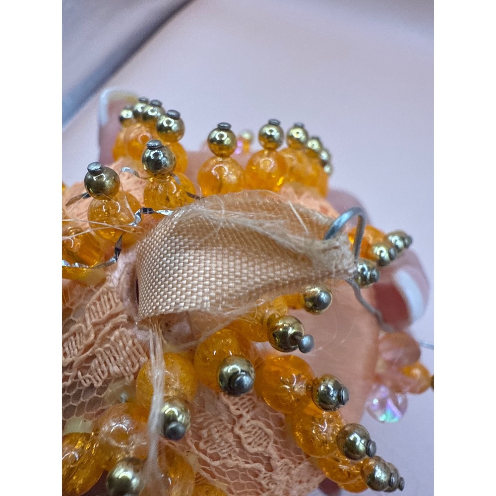 Vintage Handmade Beaded Push Pin Christmas Ornament Peach Satin Pearl - Picture 9 of 12